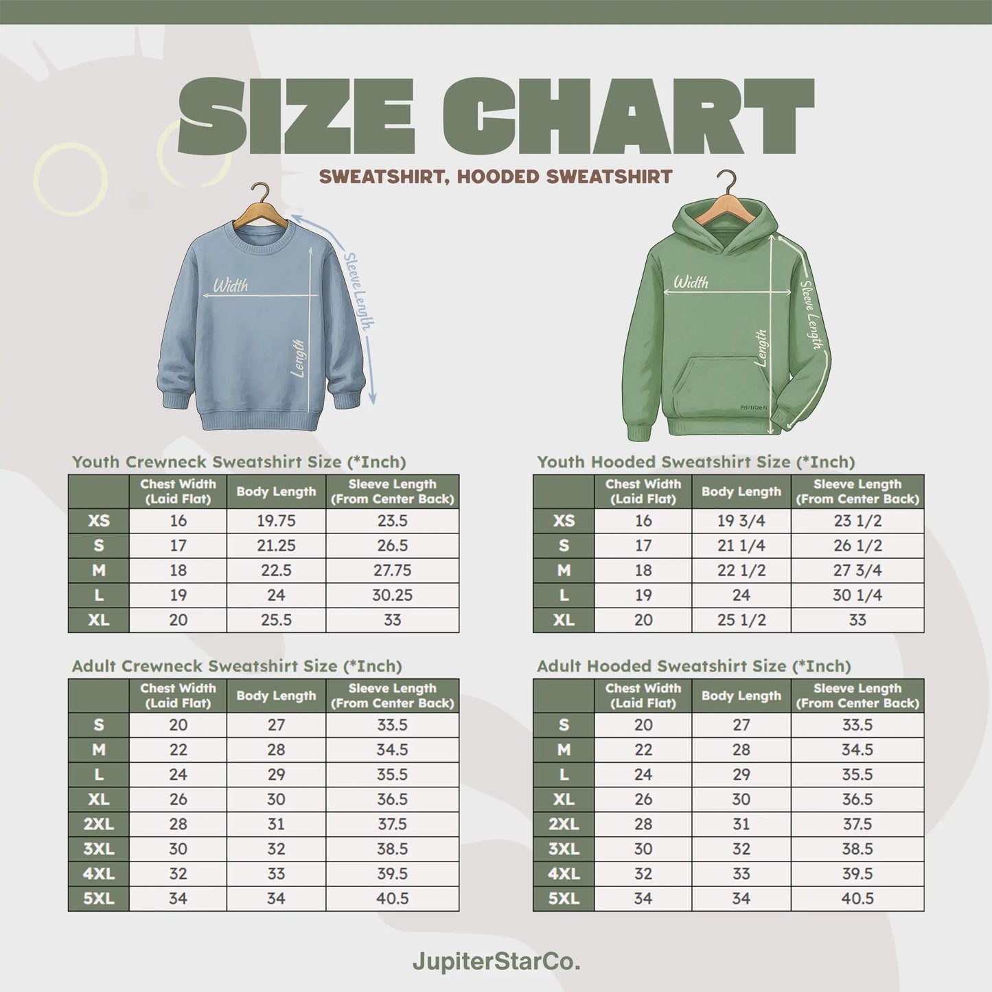 Custom apparel size chart for hoodies and crewneck sweatshirts, showing youth and adult measurements by JupiterStarCo.