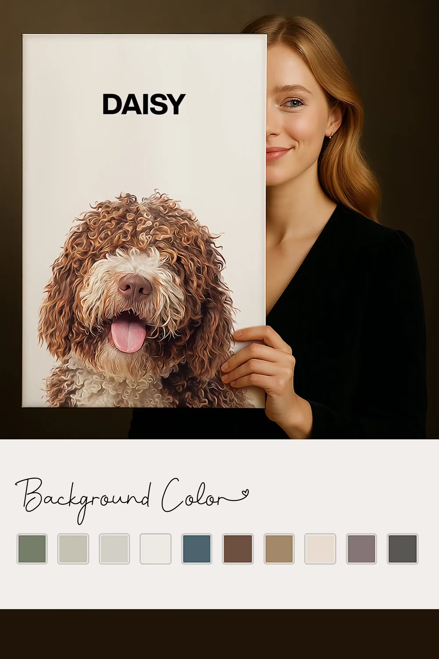 Woman holding a framed custom digital pet portrait of a curly-haired dog named Daisy. The poster features a hyper-realistic illustration and showcases selectable background color options below. Product by JupiterStarCo.