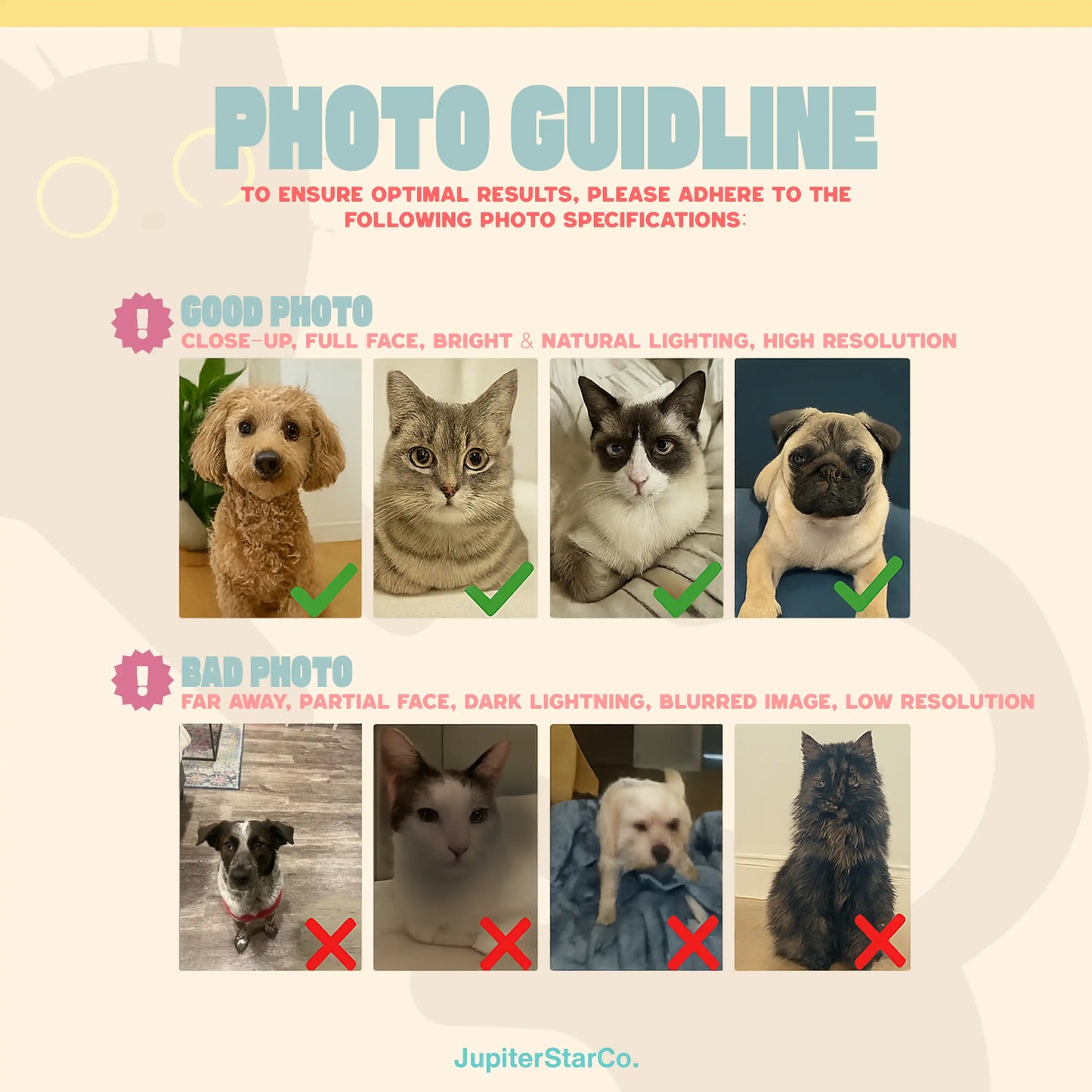 Custom Pet Photo Guidelines for Best Results | Good and Bad Examples | JupiterStarCo