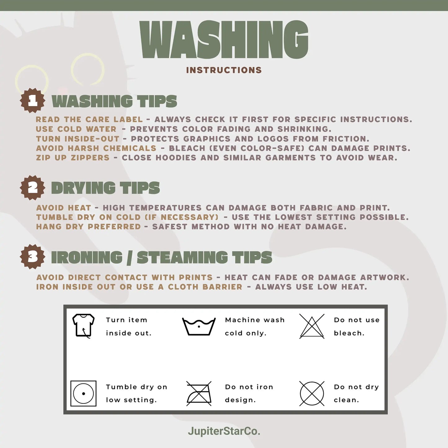Custom Shirt Washing Instructions Guide | Cold Wash, No Bleach, Low Heat Drying | JupiterStarCo