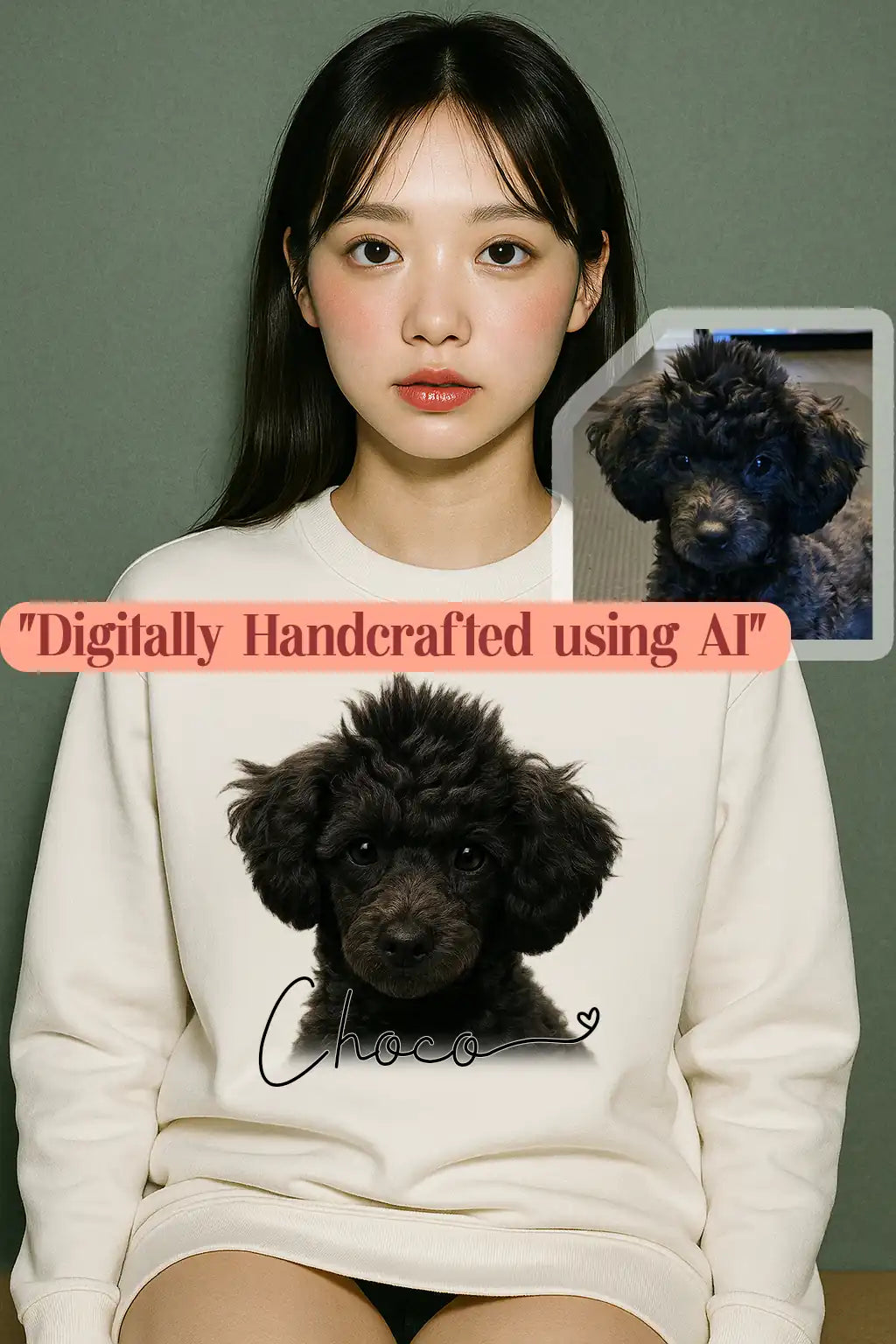 Hyper-realistic AI custom dog sweatshirt featuring a black Toy Poodle portrait.