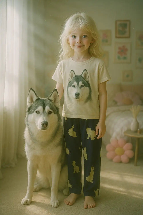 Child wearing a hyper-realistic custom dog t-shirt featuring a Siberian Husky portrait, standing next to the real dog.