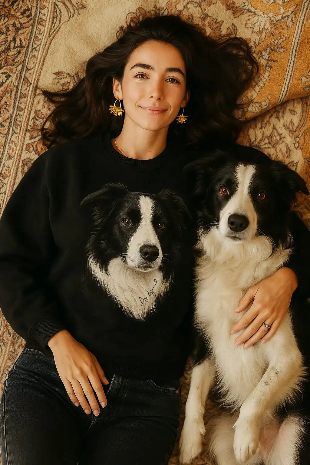 Custom dog sweatshirt featuring a hyper-realistic Border Collie portrait worn by owner.