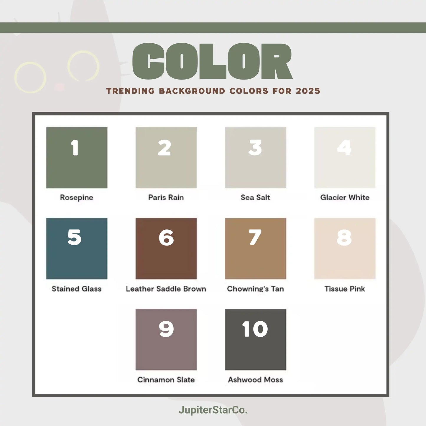 Chart showing the top 10 trending background colors for 2025, including shades like Rosepine, Paris Rain, Sea Salt, Stained Glass, and Cinnamon Slate. Designed for custom digital pet portraits by JupiterStarCo.