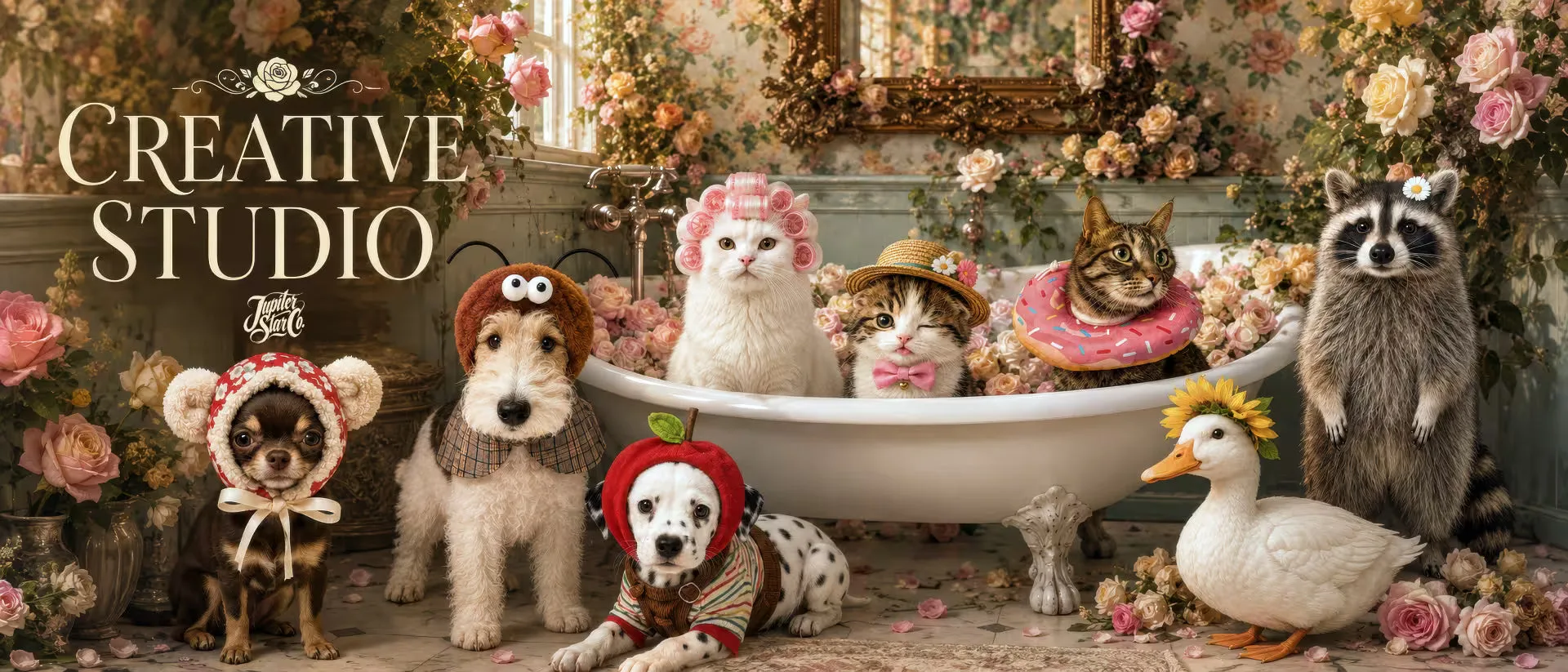 Our original animal cast in a flower-filled vintage bathroom