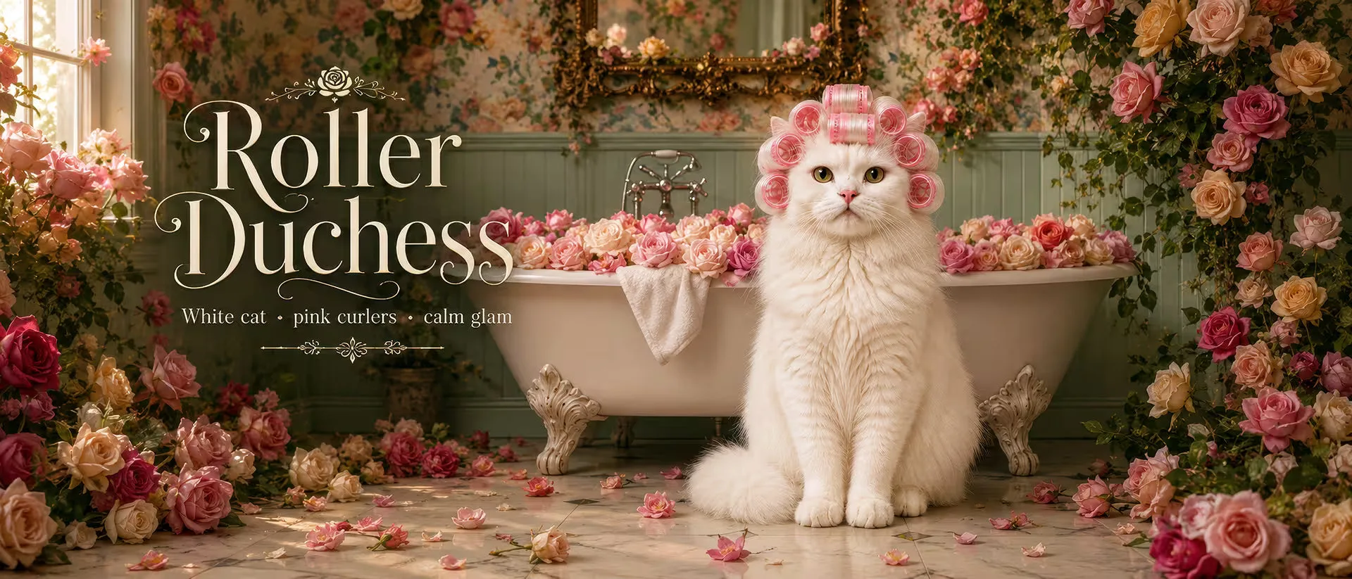 Roller Duchess, our white cat character in pink curlers, beside a vintage bath