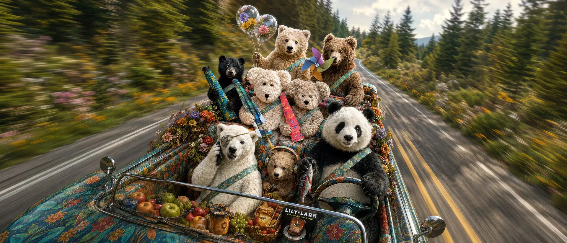 Bears and pandas driving in a Lily-Lark campaign