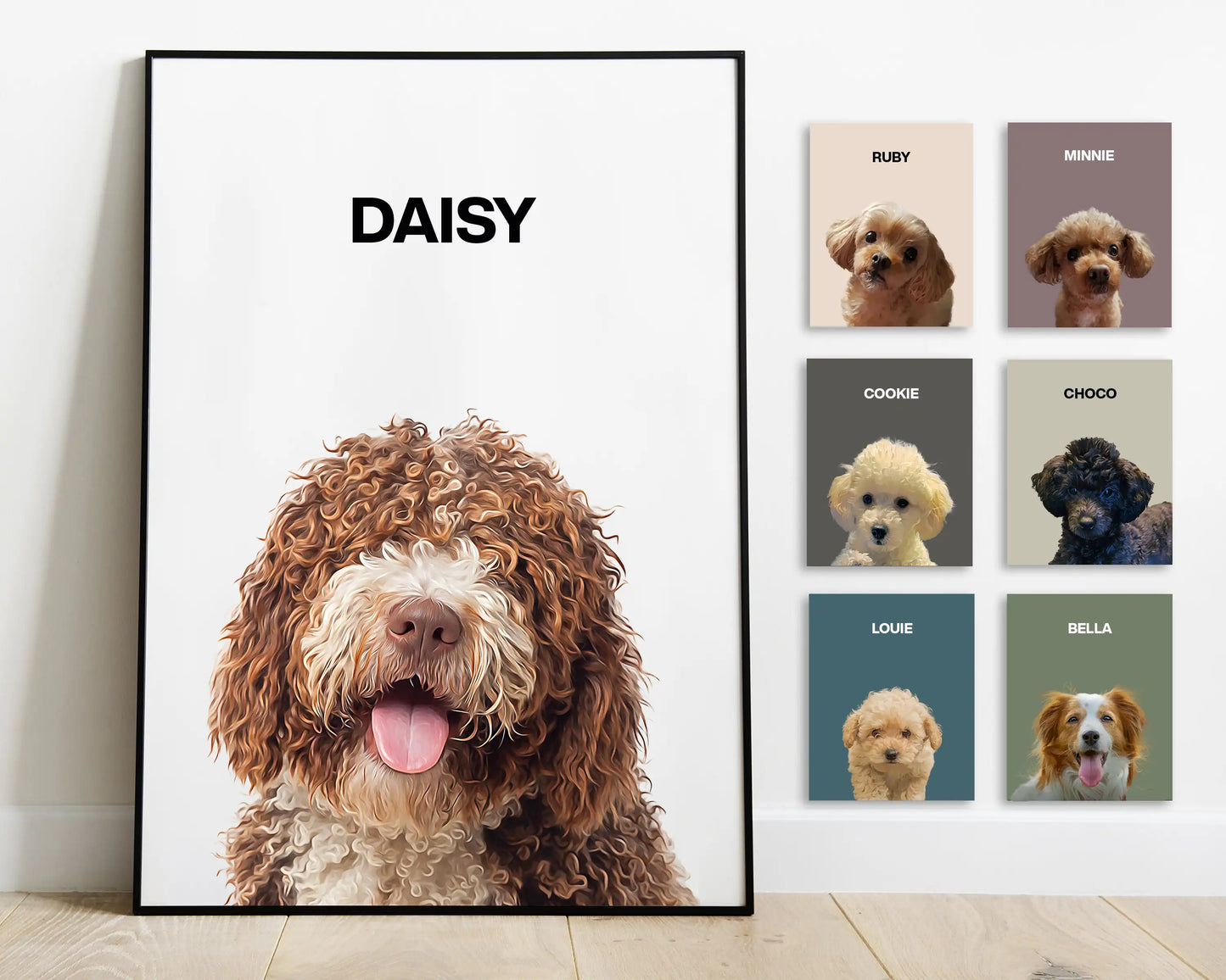 Framed digital pet portrait of a curly-haired dog named Daisy displayed on the floor, with six additional sample portraits of other dogs including Ruby, Minnie, Cookie, Choco, Louie, and Bella shown on the wall. Each features a different background color. Custom artwork by JupiterStarCo.