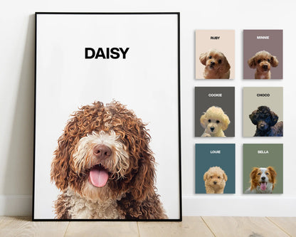 Framed digital pet portrait of a curly-haired dog named Daisy displayed on the floor, with six additional sample portraits of other dogs including Ruby, Minnie, Cookie, Choco, Louie, and Bella shown on the wall. Each features a different background color. Custom artwork by JupiterStarCo.