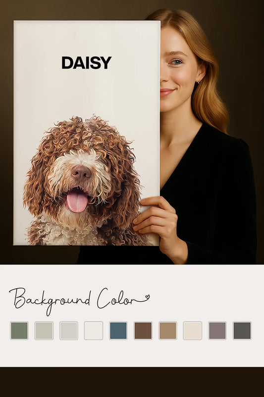 Woman holding a framed custom digital pet portrait of a curly-haired dog named Daisy. The poster features a hyper-realistic illustration and showcases selectable background color options below. Product by JupiterStarCo.