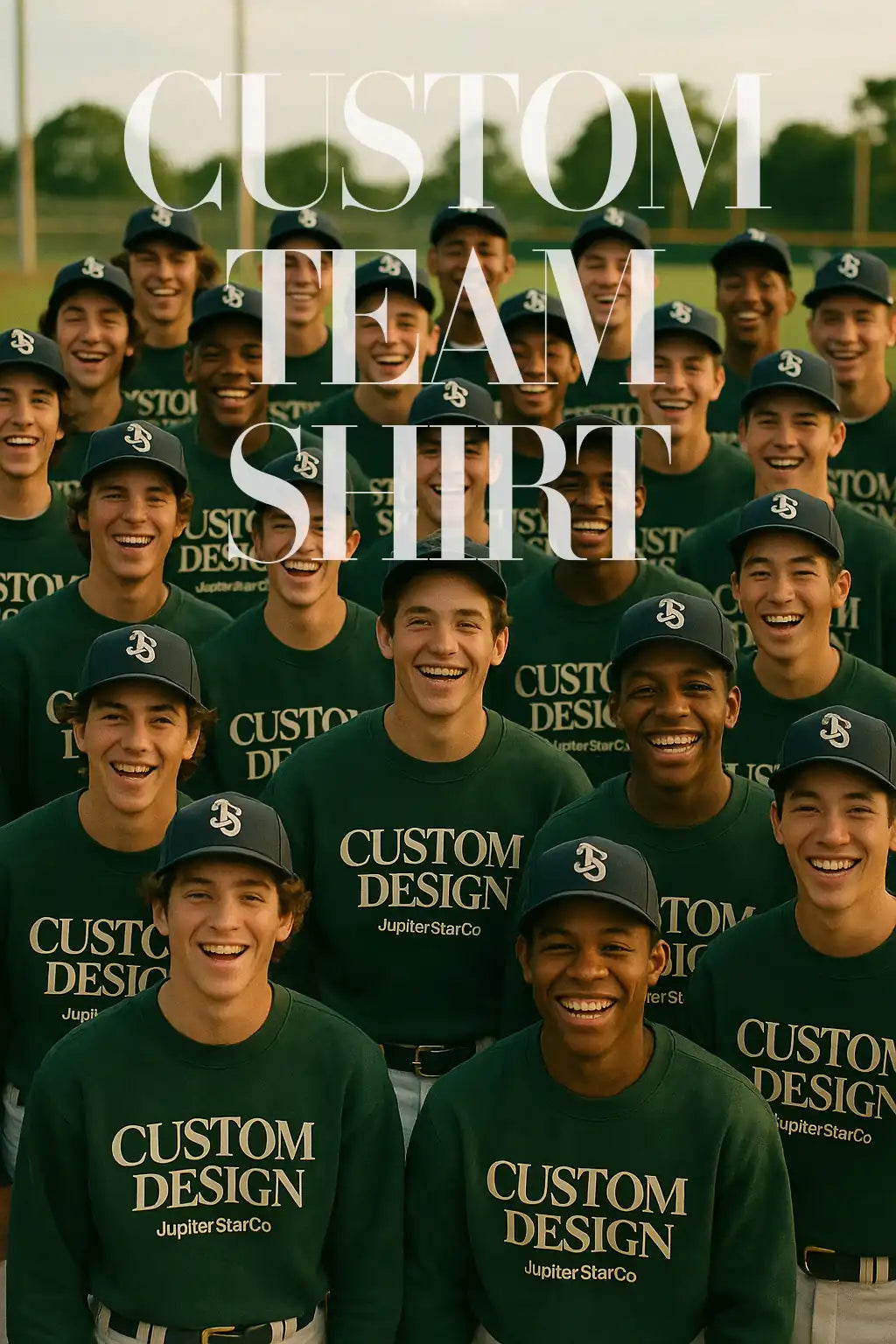 A large group of smiling baseball players wearing matching green team shirts with the text "CUSTOM DESIGN JupiterStarCo", standing together on a baseball field. Promotional image for custom team apparel.