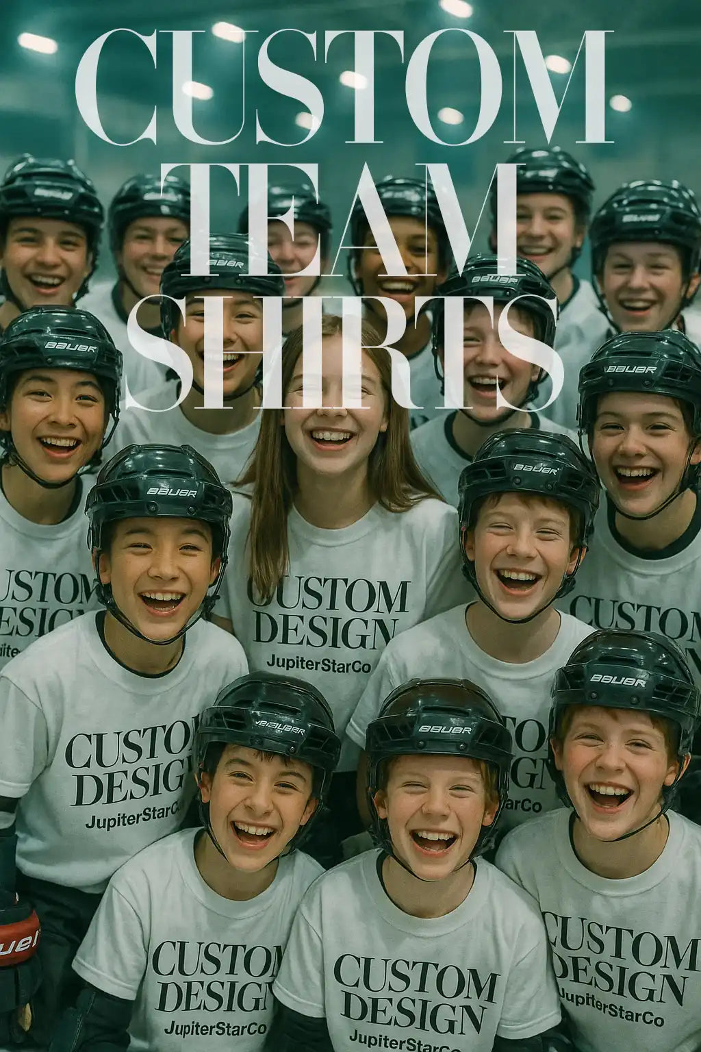 A group of young hockey players wearing matching white custom t-shirts with the text "CUSTOM DESIGN JupiterStarCo" and black helmets, smiling together on an indoor ice rink. Promotional image for custom team shirts.