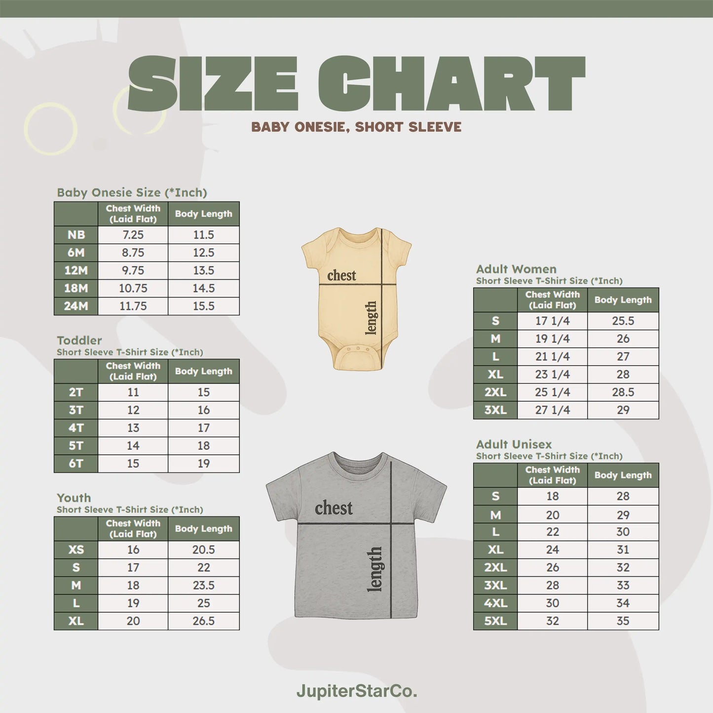 Custom T-Shirt Size Chart for Baby, Youth, Women, and Unisex | JupiterStarCo
