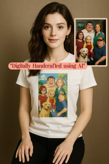 Woman wearing a white t-shirt printed with a Ghibli-style AI-generated illustration of a smiling family with a yellow Labrador. The real family photo is shown in the corner with the caption "Digitally Handcrafted using AI". Custom portrait shirt by JupiterStarCo.