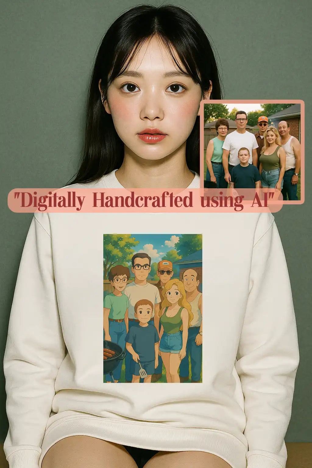 Woman wearing a white sweatshirt featuring a digitally handcrafted Ghibli-style AI portrait of a family based on a real photo, with the text "Digitally Handcrafted using AI". Custom illustrated apparel by JupiterStarCo.