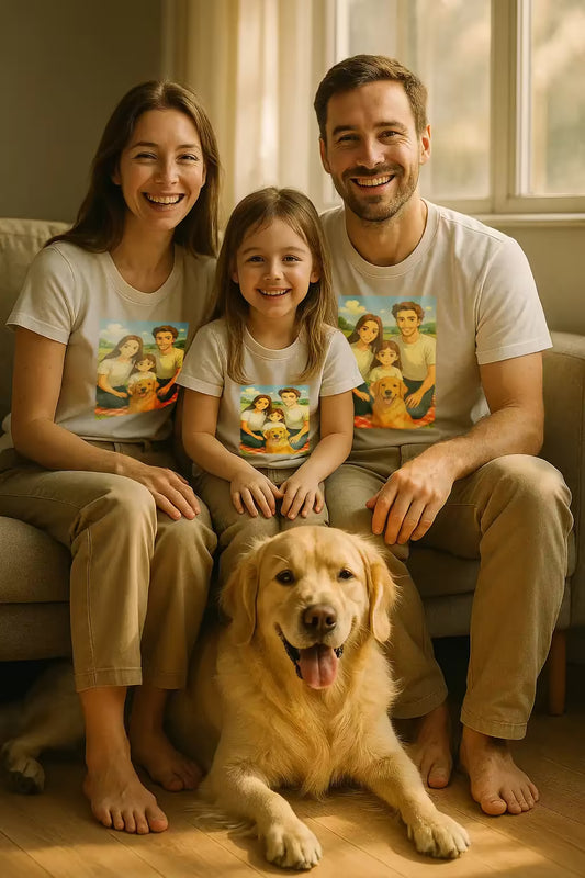 Smiling family of three wearing matching white t-shirts featuring a Ghibli-style custom portrait illustration of themselves and their golden retriever, who is sitting in front of them. Custom pet and family illustration shirts by JupiterStarCo.